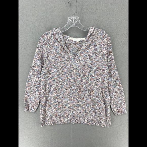 J. Jill Knit Sweater Womens Medium Multicolor Marled Hooded V Neck Tunic Top - Picture 1 of 7